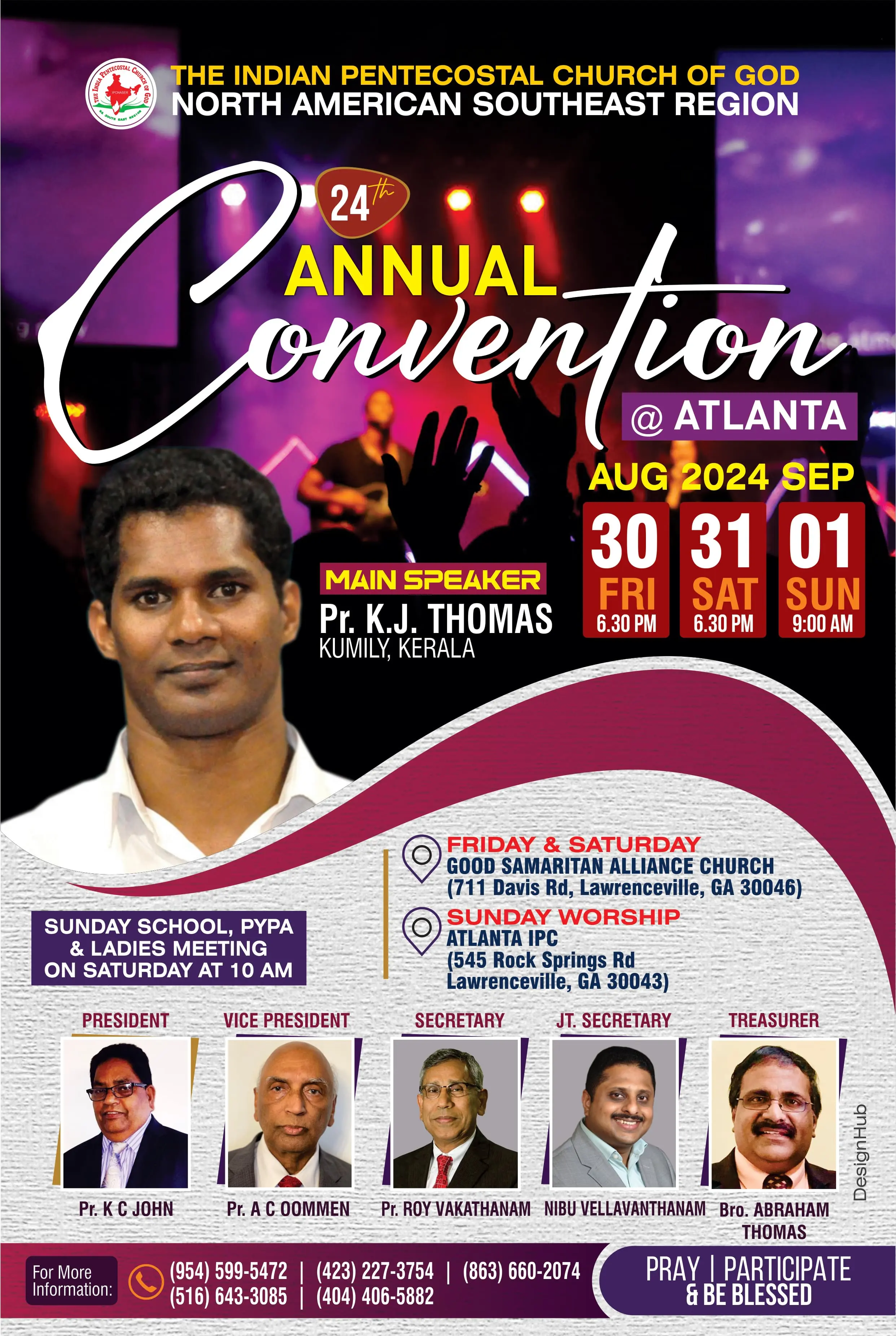 ഐ.പി.സി സൗത്ത് ഈസ്റ്റ് റീജിയൻ വാർഷിക കൺവൻഷൻ 30 മുതൽ അറ്റ്ലാന്റായിൽ; പാസ്റ്റർ കെ.ജെ. തോമസ് മുഖ്യ പ്രാസംഗികൻ