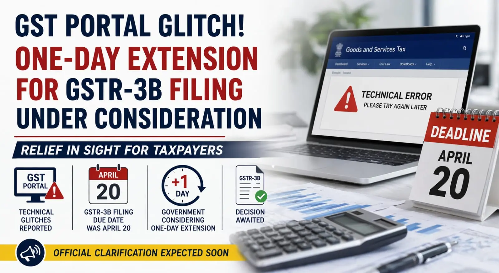 ജി.എസ്.ടി പോർട്ടൽ തകരാർ: 3B ഫയലിംഗിന് ഒരു ദിവസത്തെ സമയം നീട്ടൽ പരിഗണനയിൽ – നികുതിദായകർക്ക് ആശ്വാസ സൂചന