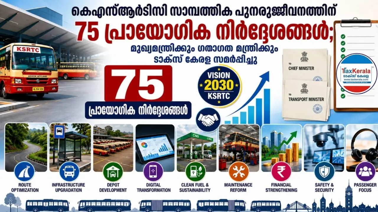 കെഎസ്ആർടിസി സാമ്പത്തിക പുനരുജ്ജീവനത്തിന് 75 പ്രായോഗിക നിർദ്ദേശങ്ങൾ; മുഖ്യമന്ത്രിക്കും ഗതാഗത മന്ത്രിക്കും ടാക്സ് കേരള സമർപ്പിച്ചു 