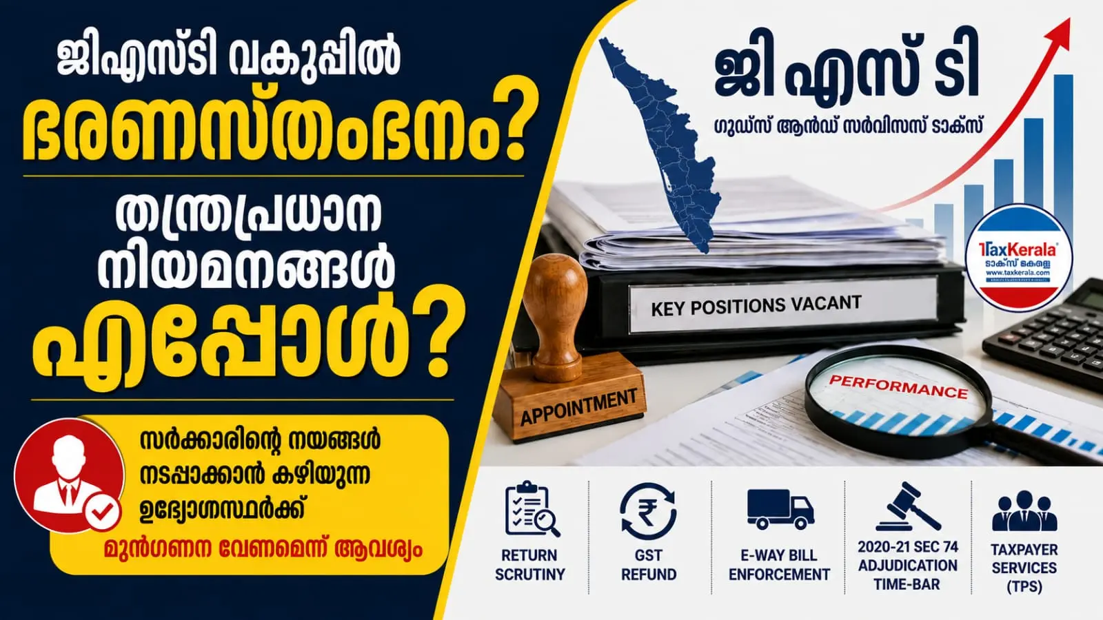 ജിഎസ്ടി വകുപ്പിൽ ഭരണസ്തംഭനം? തന്ത്രപ്രധാന നിയമനങ്ങൾ എപ്പോൾ? സർക്കാരിന്റെ നയങ്ങൾ നടപ്പാക്കാൻ കഴിയുന്ന ഉദ്യോഗസ്ഥർക്ക് മുൻഗണന വേണമെന്ന് ആവശ്യം
