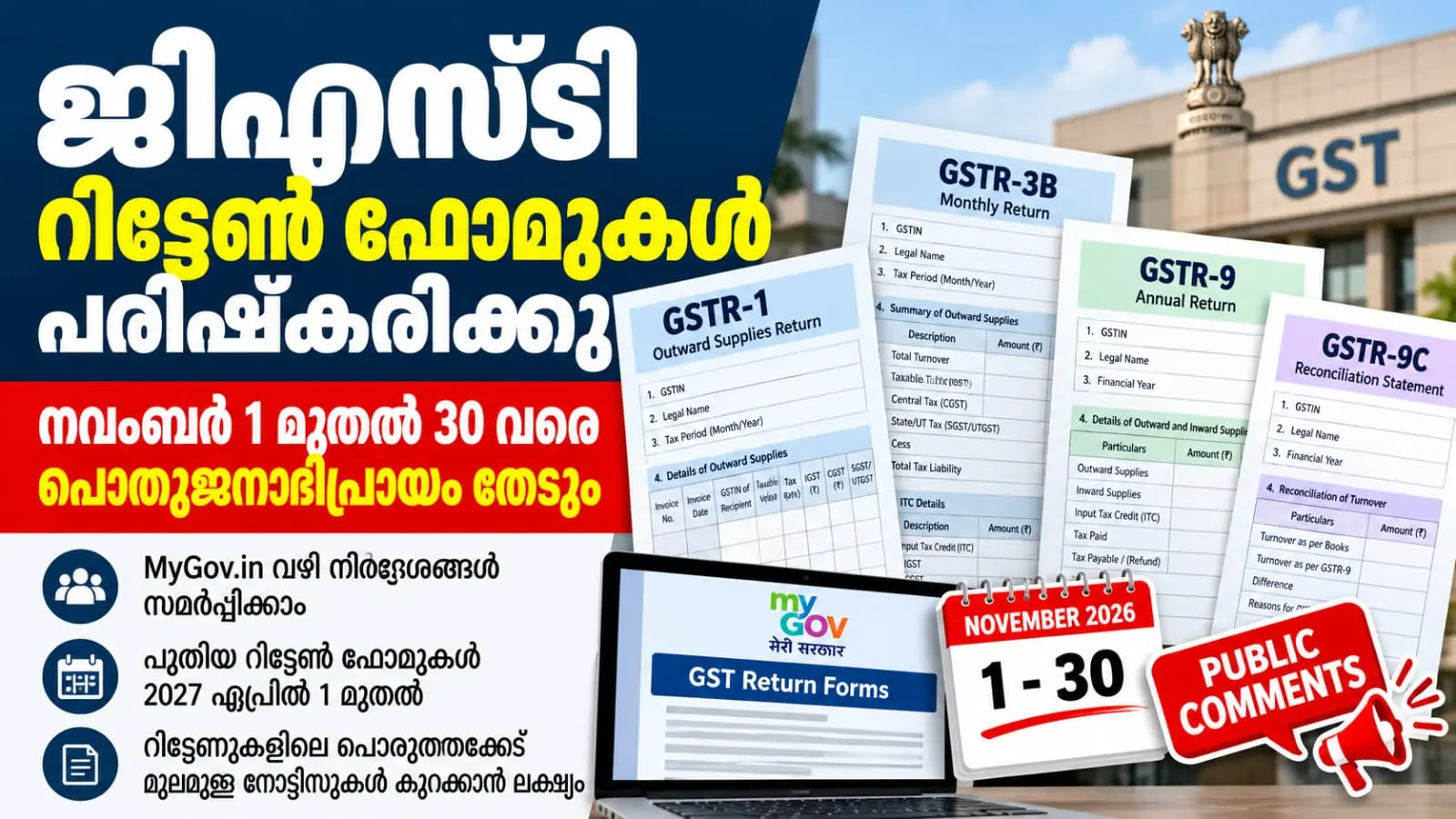 ജിഎസ്ടി റിട്ടേൺ ഫോമുകൾ പരിഷ്കരിക്കുന്നു; നവംബർ ഒന്നുമുതൽ പൊതുജനങ്ങൾക്ക് അഭിപ്രായം അറിയിക്കാം
