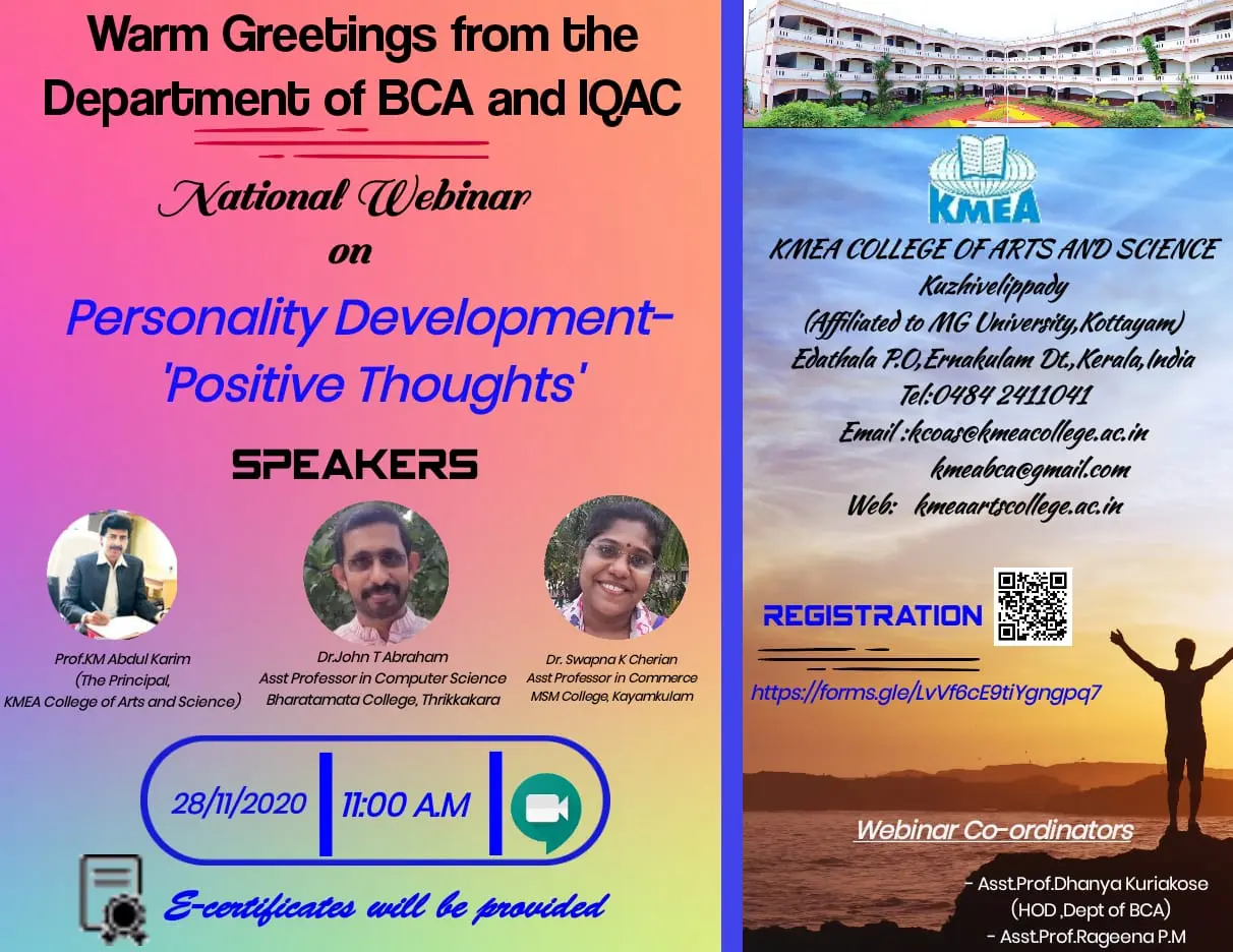 Department of BCA and IQAC organises  a "NATIONAL WEBINAR -PERSONALITY DEVELOPMENT-'Positive Thoughts' "on 28th November 2020.