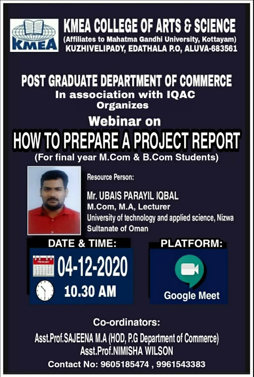 Post Graduate Department of Commerce and IQAC organizes Webinar on "HOW TO PREPARE A PROJECT REPORT" on 4/2/2020.