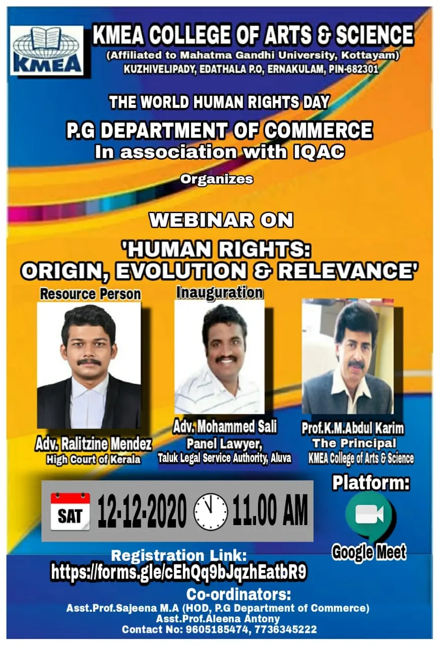 PG Department of Commerce and IQAC organizes Webinar on "Human rights:Origin,Evolution and Relevance"on 12/12/2020.