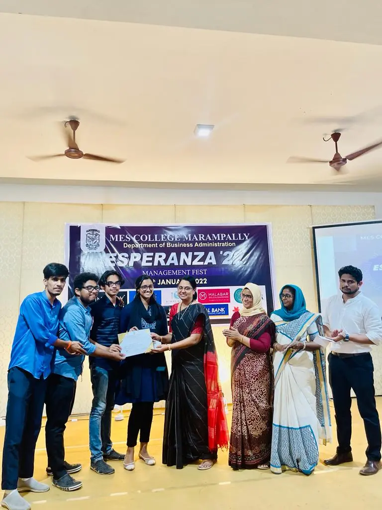 S1 BBA Students bagged second prize for Management Fest at MES College Marmpilly on 11/01.2022.