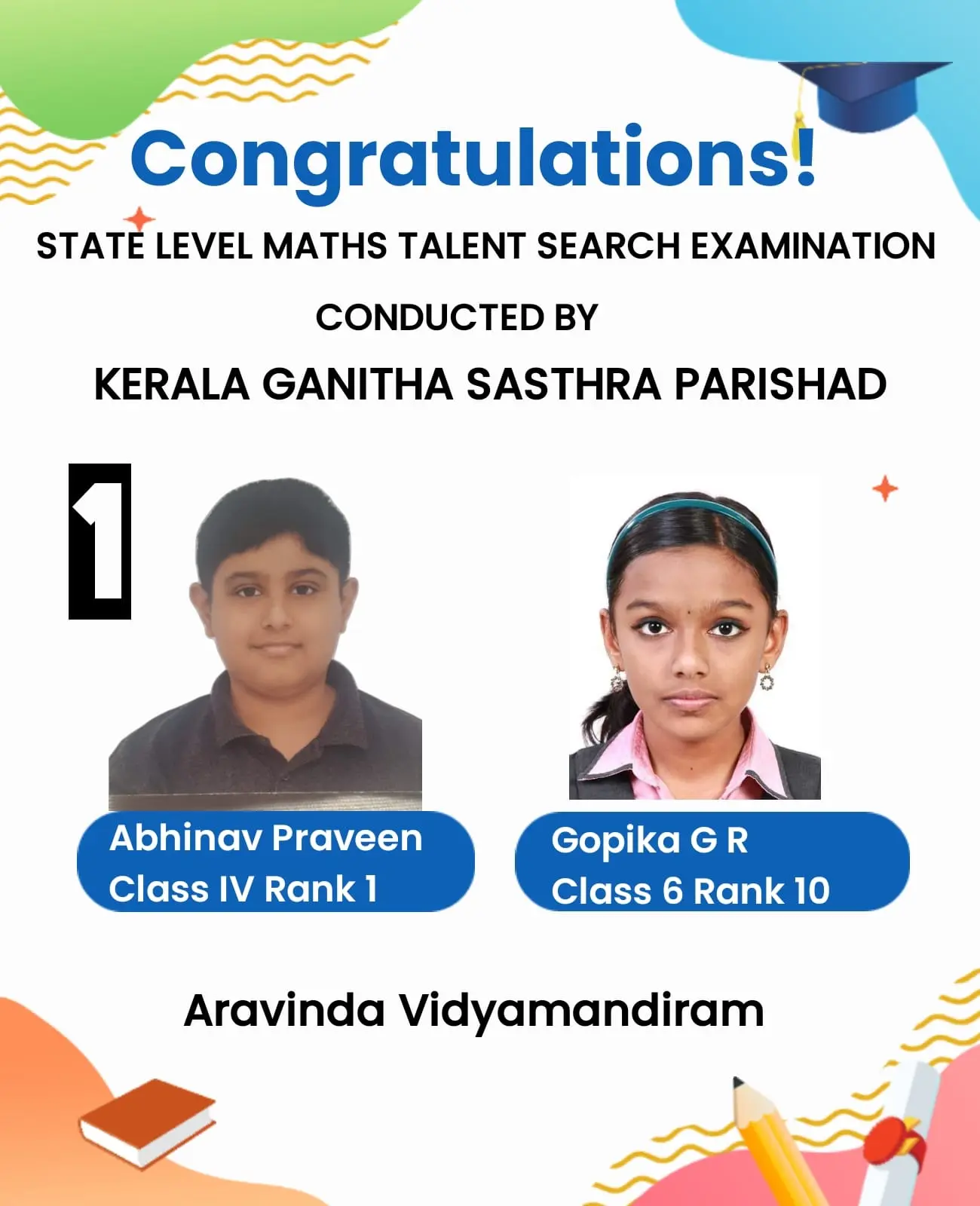 Hearty Congratulations to Our Students Who achieve 1st & 6th Rank of  Kerala Ganitha Sasthra Parishad.
