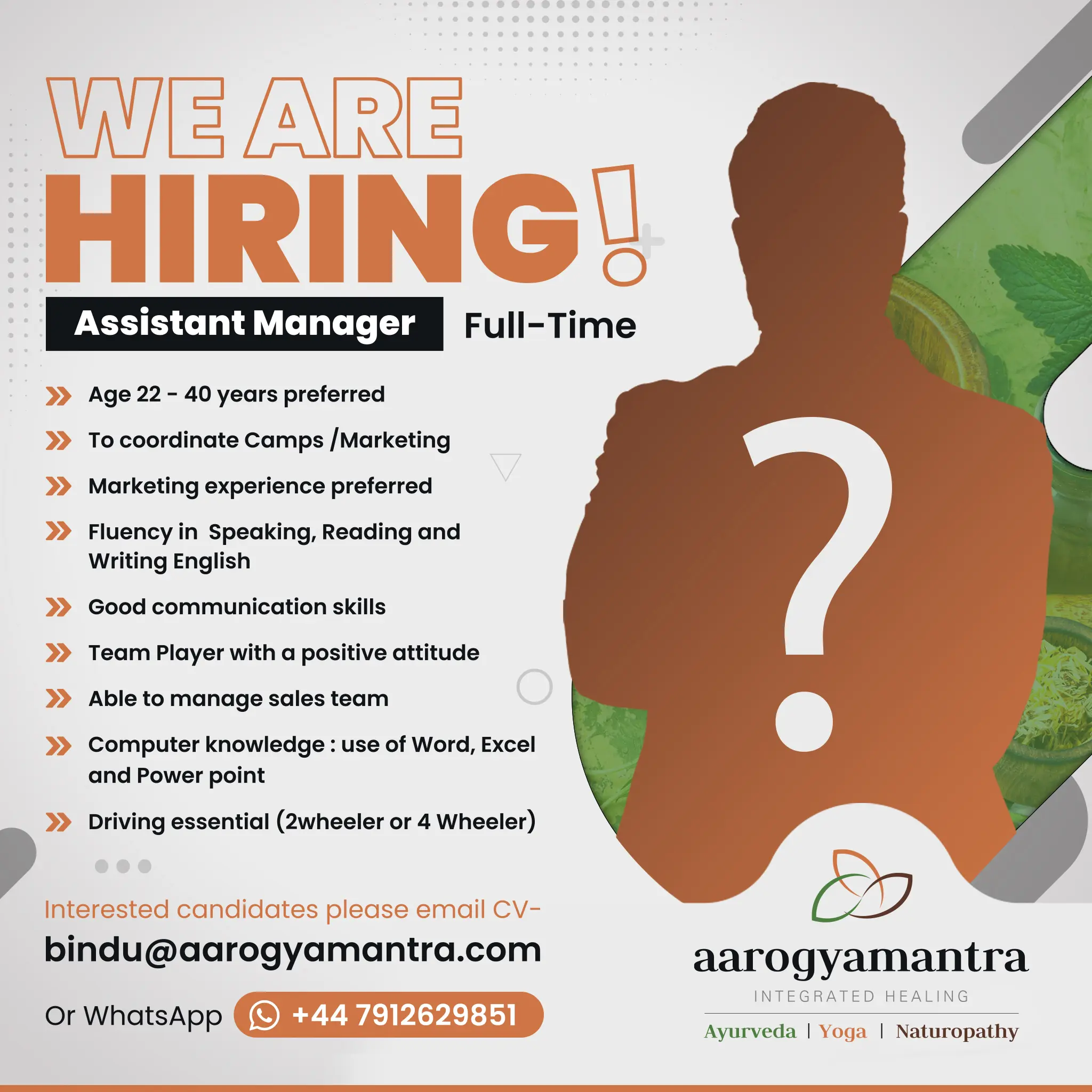 Hiring Assistant Manager  ( 22 to 40 Years )