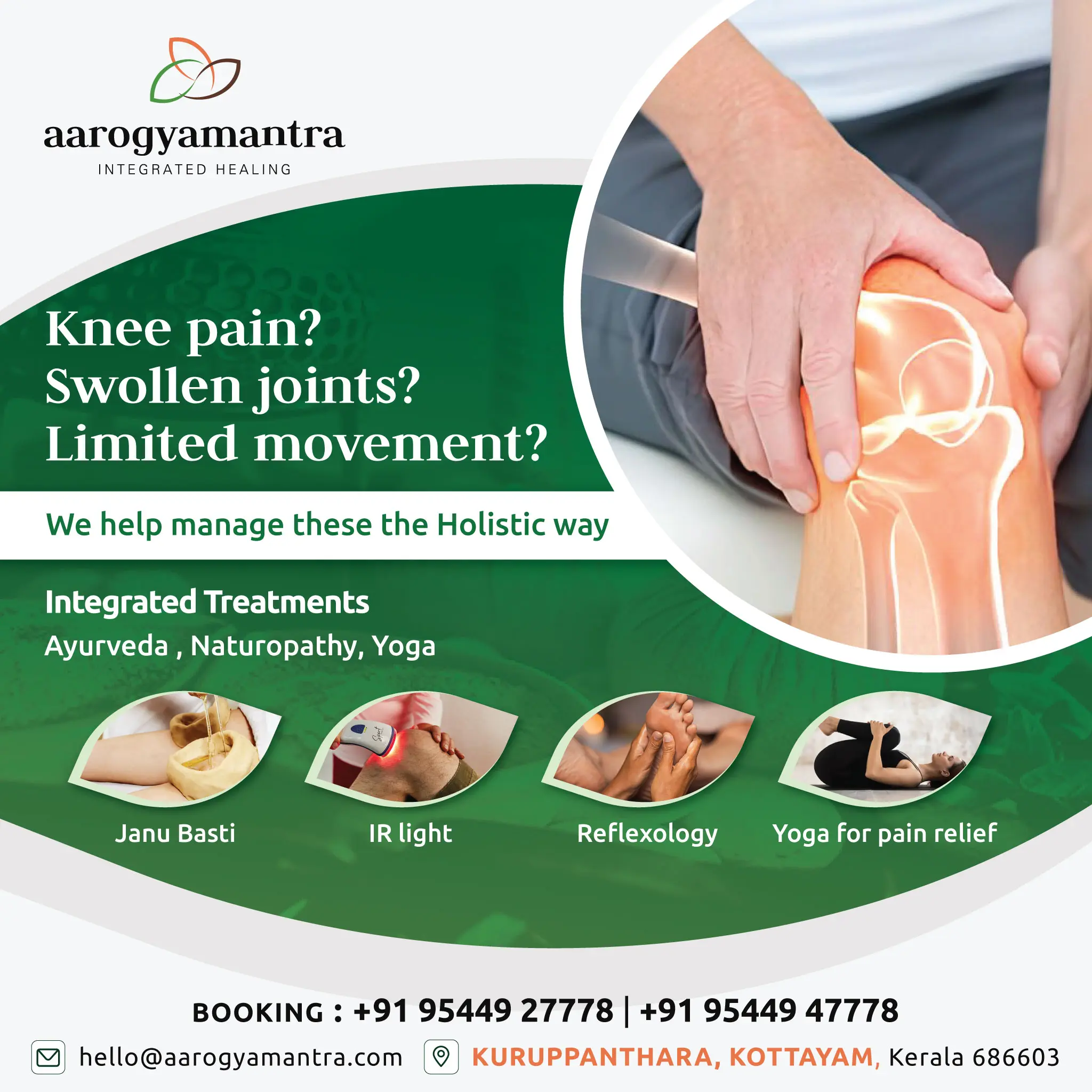 Don't let knee pain hold you back. Discover relief with Ayurvedic treatments at Aarogyamantra . . !
