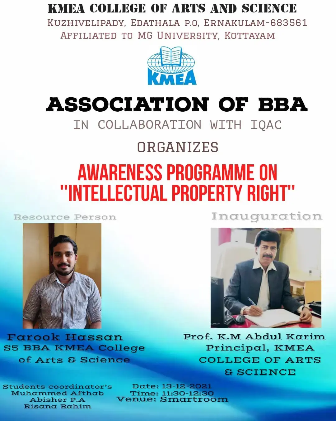 Department of BBA and IQAC organized Awareness Programme on Intellectual Property rights on 13122021