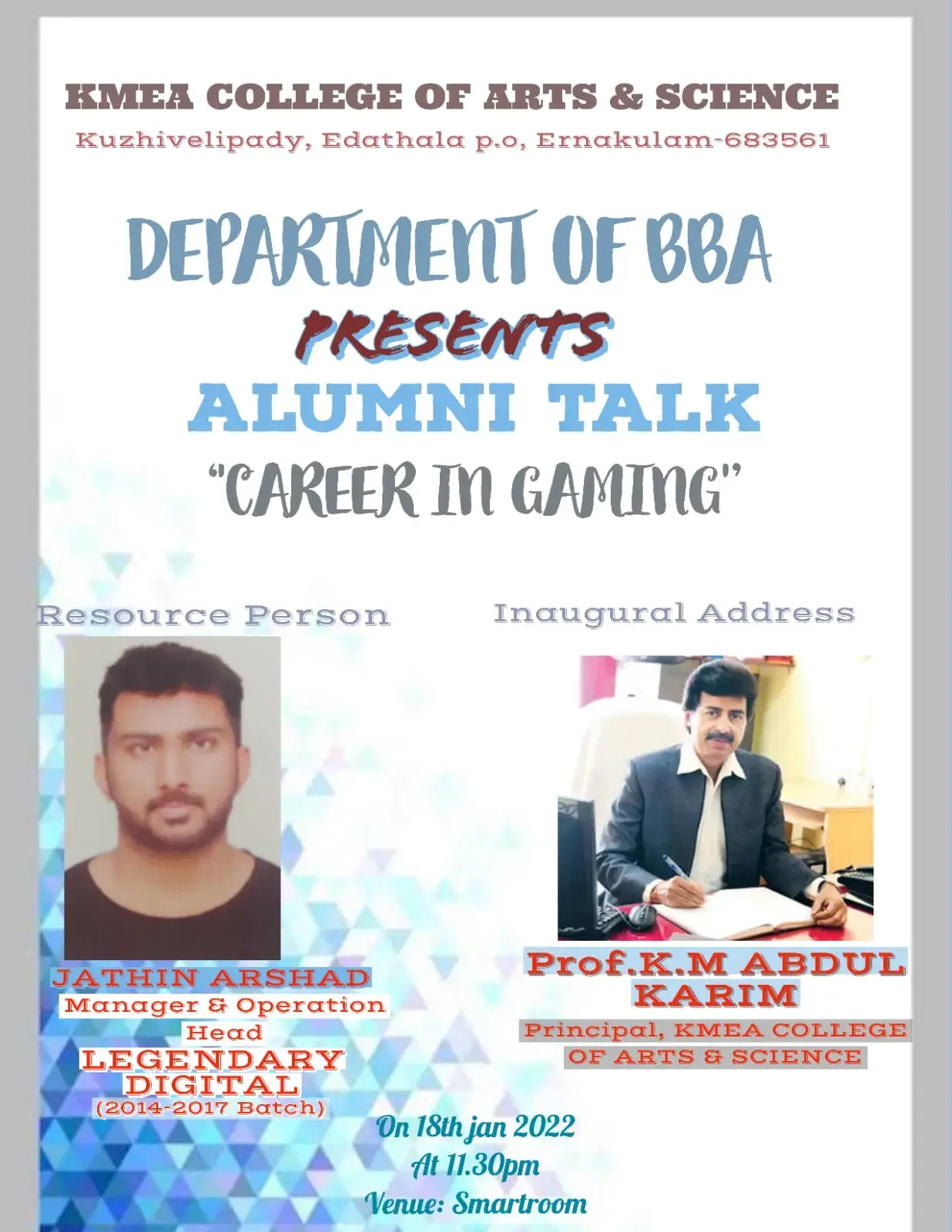 Department of BBA organized Alumni talk CAREER IN GAMING on 18-01-2022