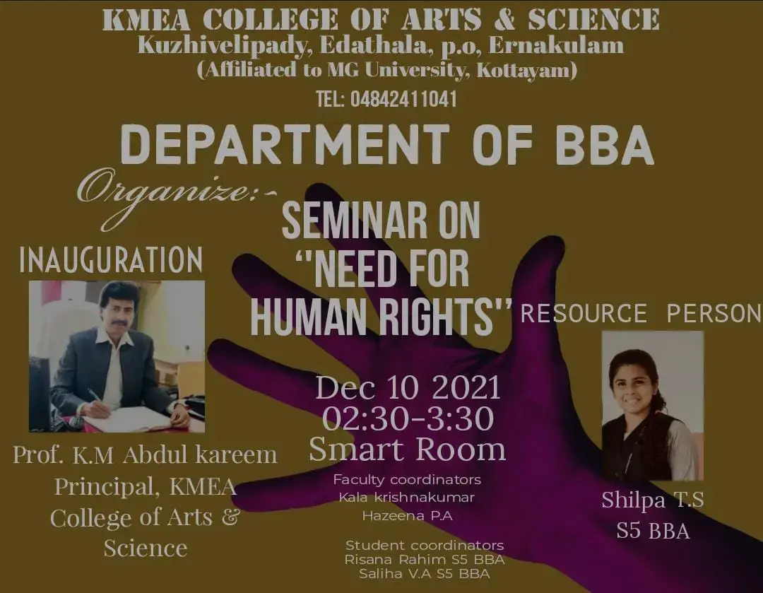 Department of BBA organized seminar on Need for Human rights on 10-12-2021