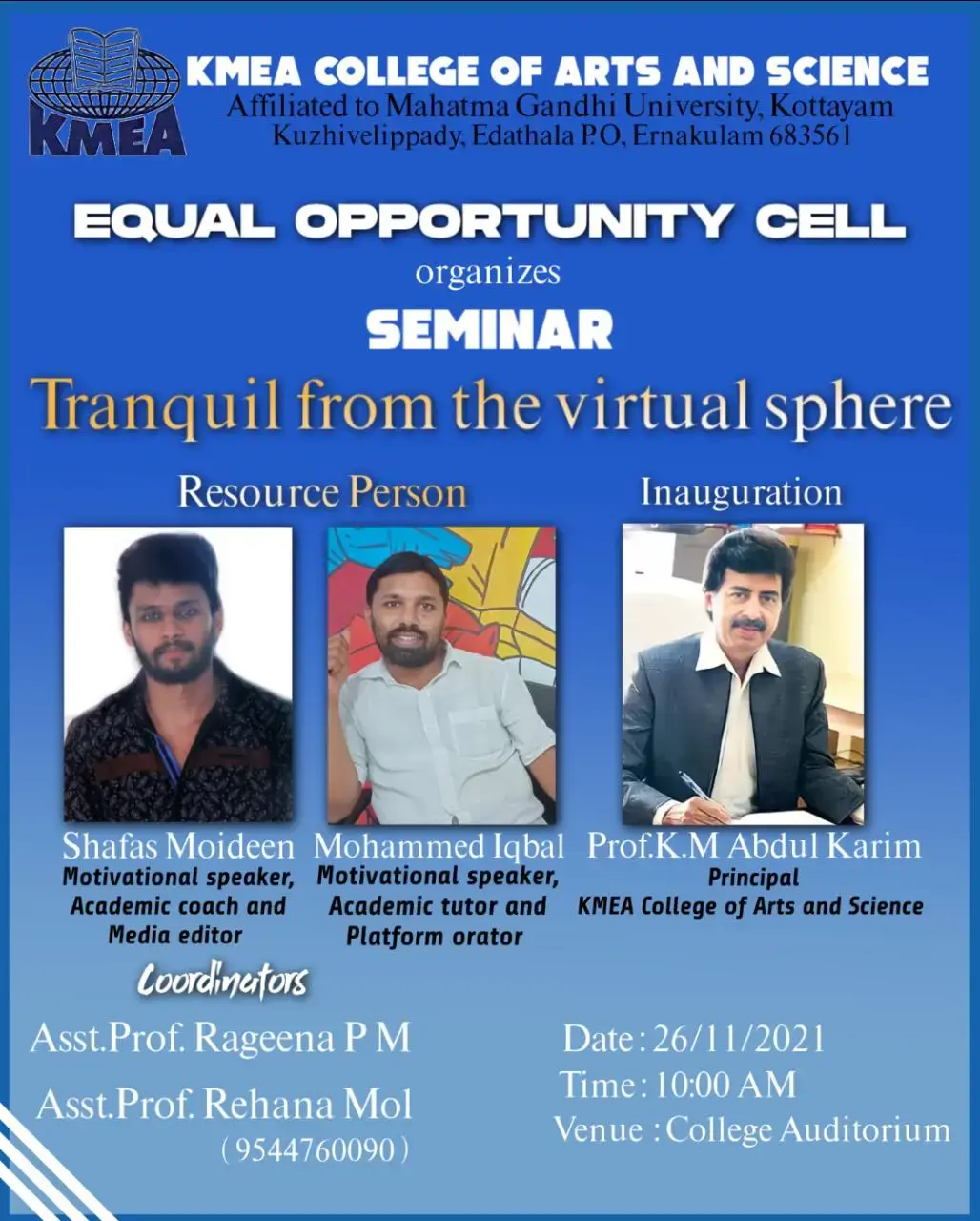 Equal Opportunity Cell organized seminar Tranquil from the virtual sphere on 26-11-2021