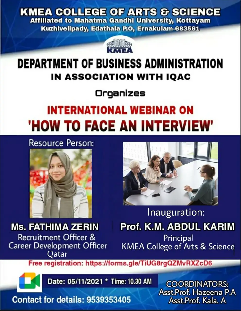 Department of Business Administration and IQAC organized International Webinar HOW TO FACE AN INTERVIEW on 05-11-2021