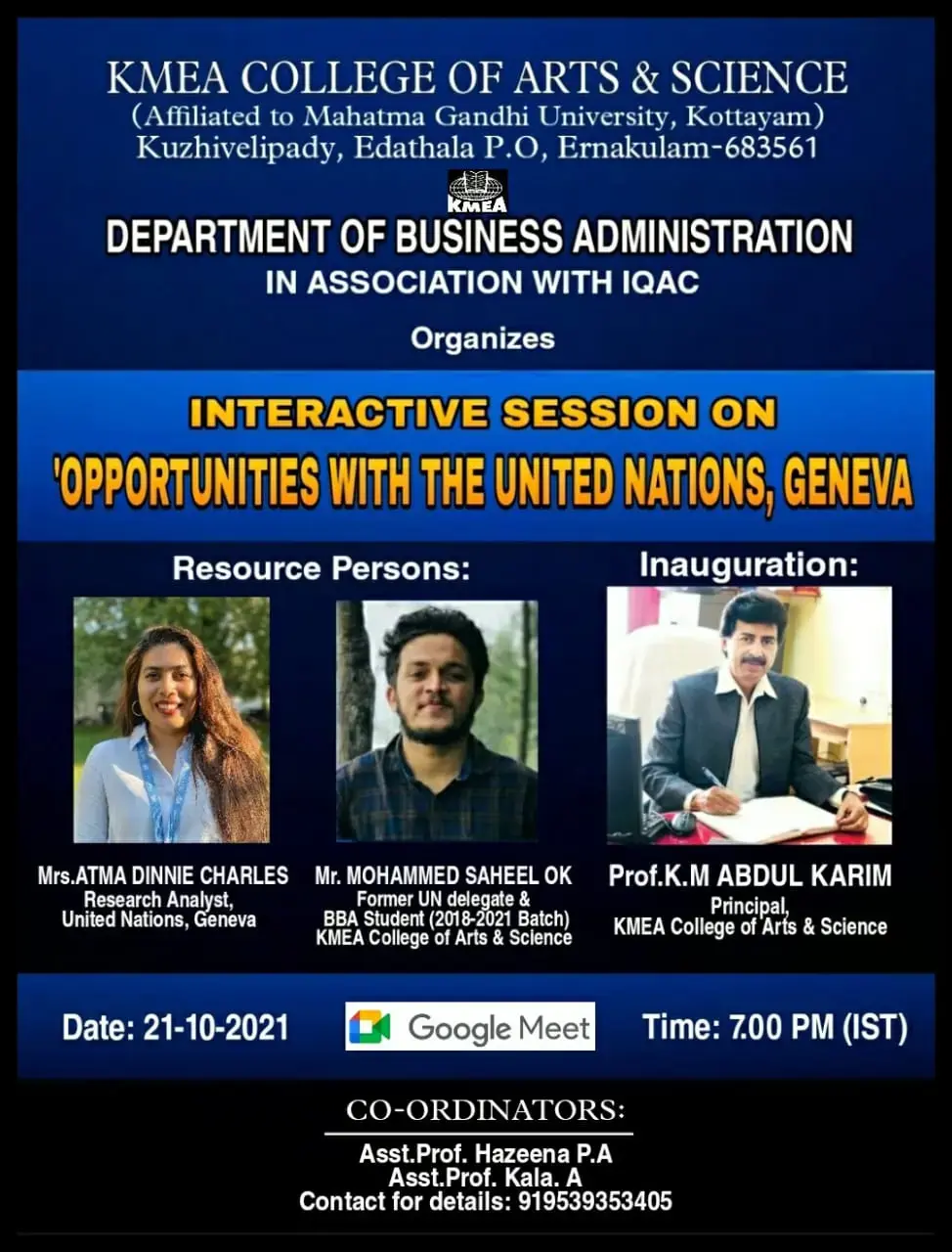 Department of Business Administration and IQAC organized Interactive session on OPPORTUNITIES WITH THE UNITED NATIONS,GENEVA on 21-10-2021