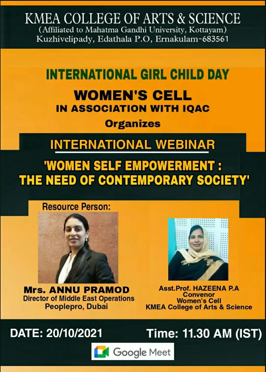 Women's Cell and IQAC organized International Webinar WOMEN SELF EMPOWERMENT THE NEED OF CONTEMPORARY SOCIETY on 20-10-2021