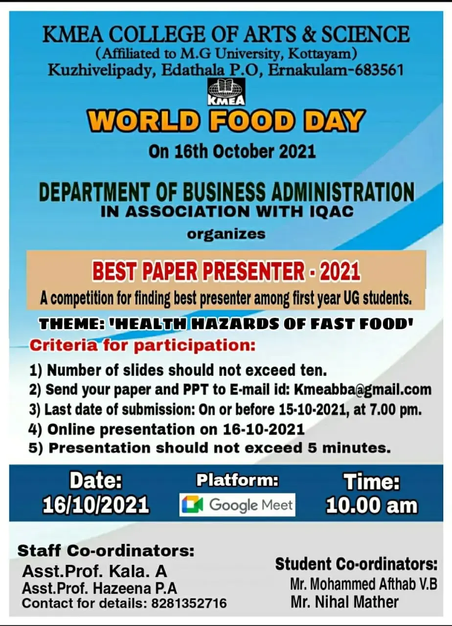 Department of Business Administration and IQAC organized BEST PAPER PRESENTER -2021on 16-10-2021