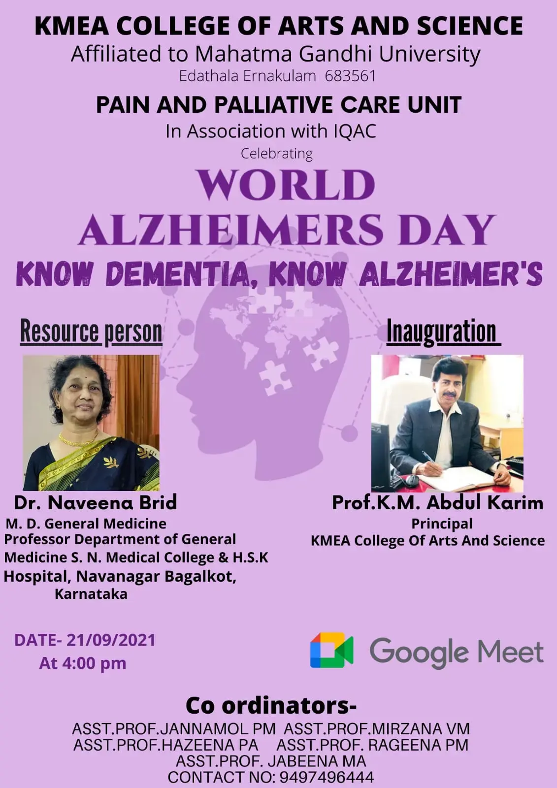 Pain and Palliative Care unit celebrating World Alzheimers Day ON 21-09-2021