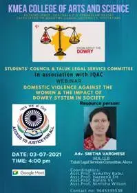 Home Gallery Students' council ,Taluk Legal Service Committee and IQAC organized Webinar Domestic violence against the women and the impact of Dowery system in society on 3-7-2021