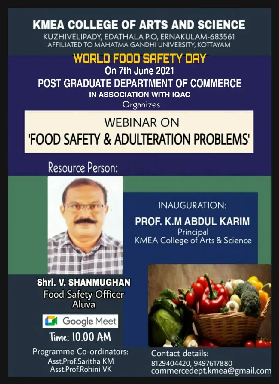 PG Department of Commerce organized Webinar FOOD SAFETY AND ADULTERATION PROBLEMS on 7-6-2021