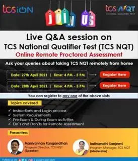 Live Q&A Session on TCS National Qualification Test (TCS NQT) on 274 and 28-4-2021