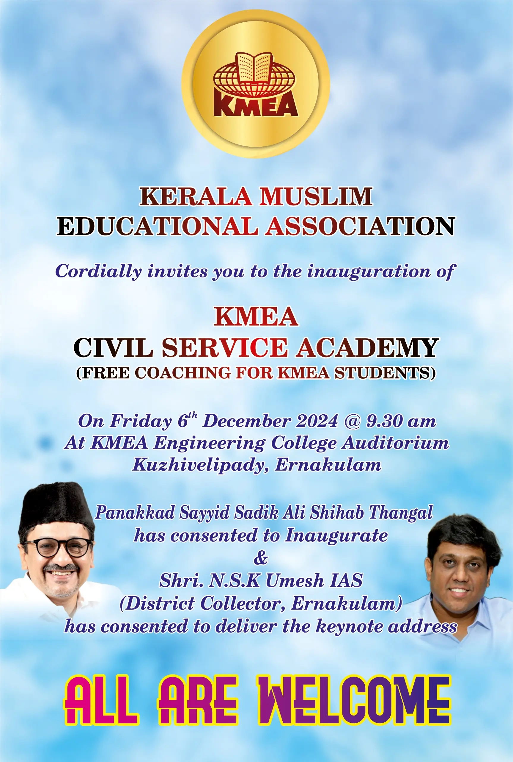 KMEA CIVIL SERVICE ACADEMY -  INAUGURATION- Main Auditorium.-06/12/2024.Shri. Sayyid Sadiq Aly Thangal -Shri. Umesh IAS.