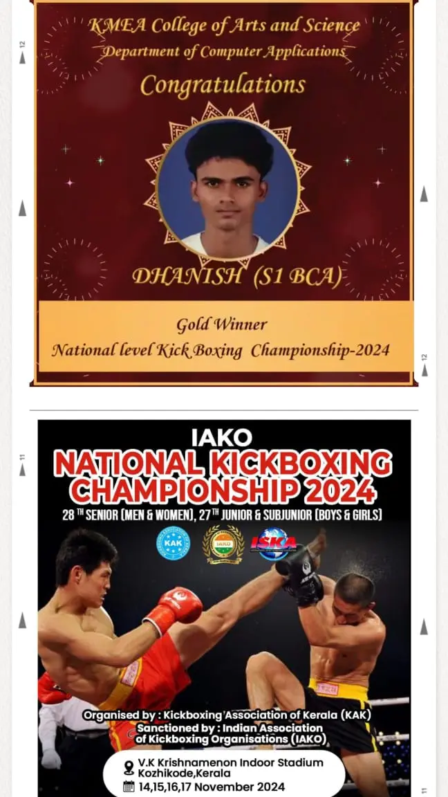 NATIONAL KICK BOXING CHAMPIONSHIP 2024 (November) GOLD MEDAL WINNER - DHANISH (First Semester B.C. A). ( Honours).. Congratulations..