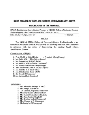 Reconstitution of Admission Committee in KMEA College of Arts and Science, Kuzhivelippady –M.G. University U.G. Admission- Academic Year 2025-26