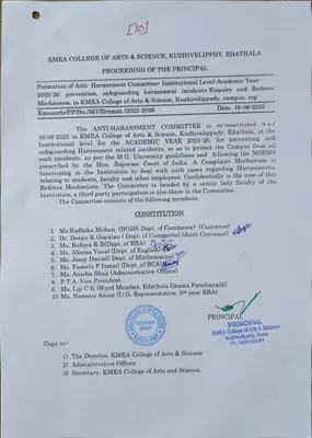 Formation of Anti- Harassment Committee- Institutional Level-Academic Year- 2025-26- prevention, safeguarding harassment incidents-Enquiry and Redress Mechanism, in KMEA College of Arts & Science, Kuzhivelippady