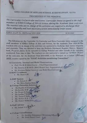 The Curricular, Co-Curricular and Extra - Curricular Duties assigned to the staff members of KMEA College of Arts & Science, during the Academic Year 2025-2026
