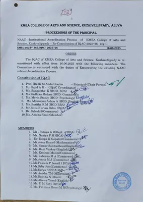 Re constitution of NAAC Activities Monitoring Committee-KMEA College of Arts and Science – Academic Year 2025-26