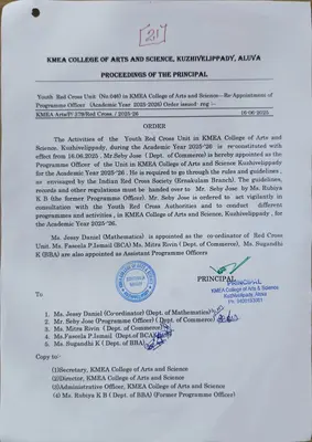 Youth  Red Cross Unit  (No.046) in KMEA College of Arts and Science—Re-Appointment of Programme Officer   (Academic Year  2025-2026) 