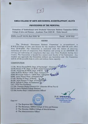 Formation of Institutional level Students’ Grievance Redress Committee-KMEA College of Arts and Science – Academic Year 2025-26