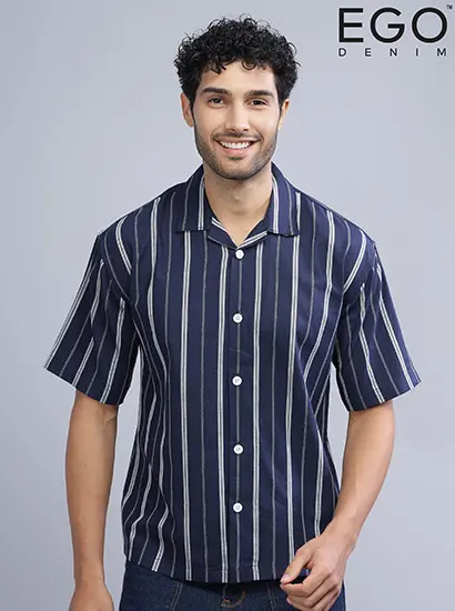 Navy Blue Strips Striped Cotton Casual Shirt