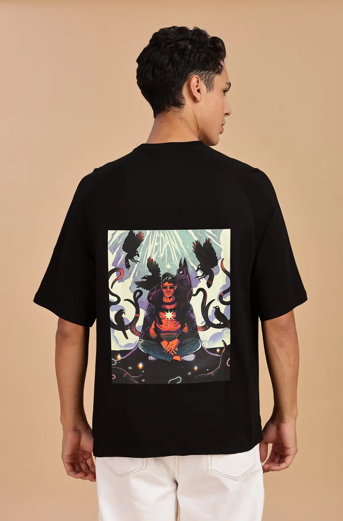 Printed Round Neck Pure Cotton Black T-Shirt