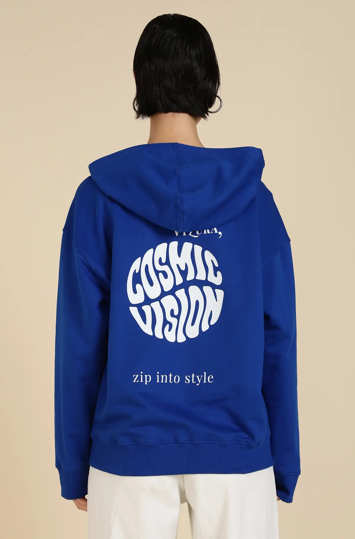 Women Typographic Blue Print Oversized Hoodie 