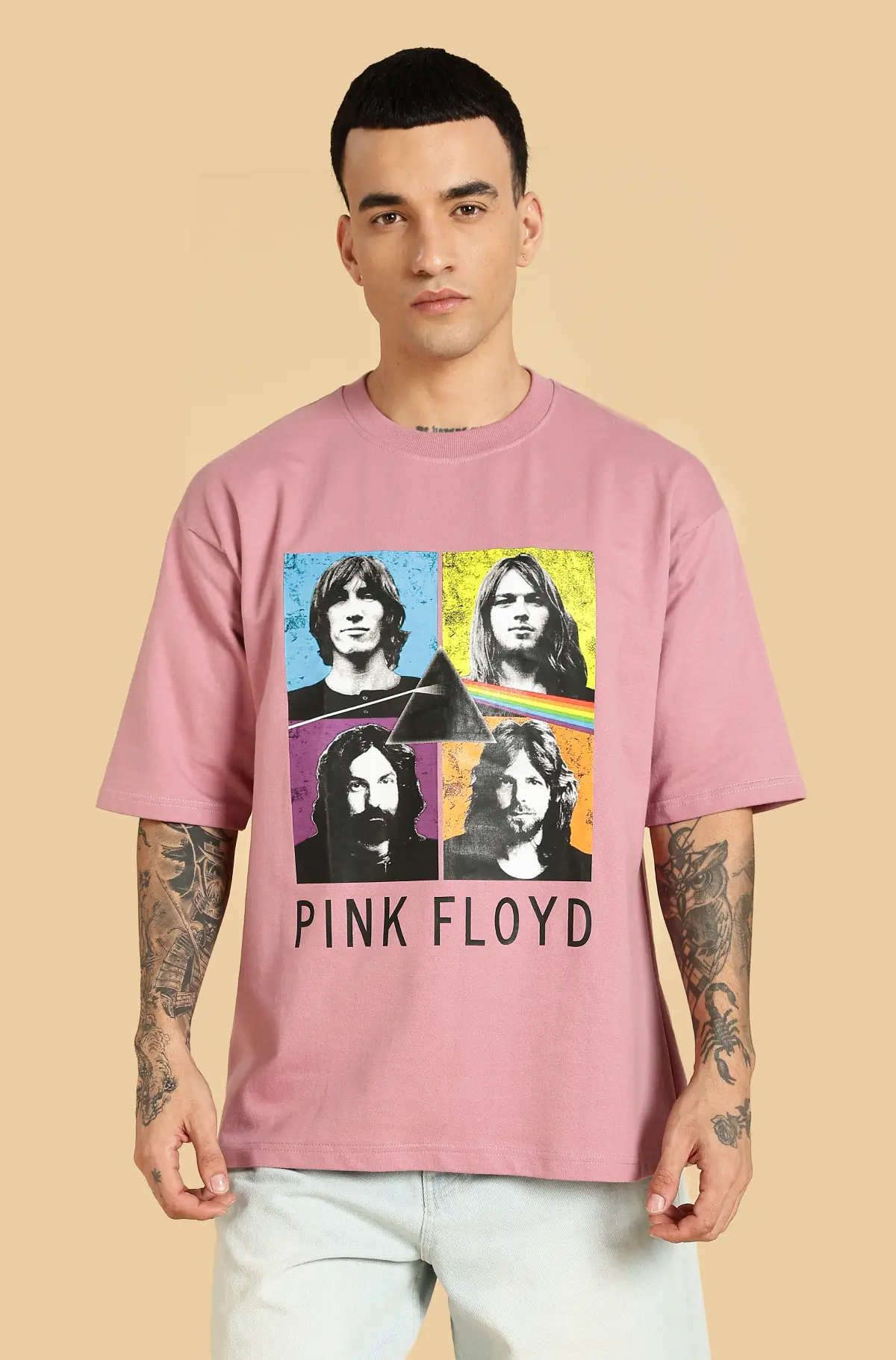 Men Pink Floyd Printed Pure Cotton Oversized T-Shirt 