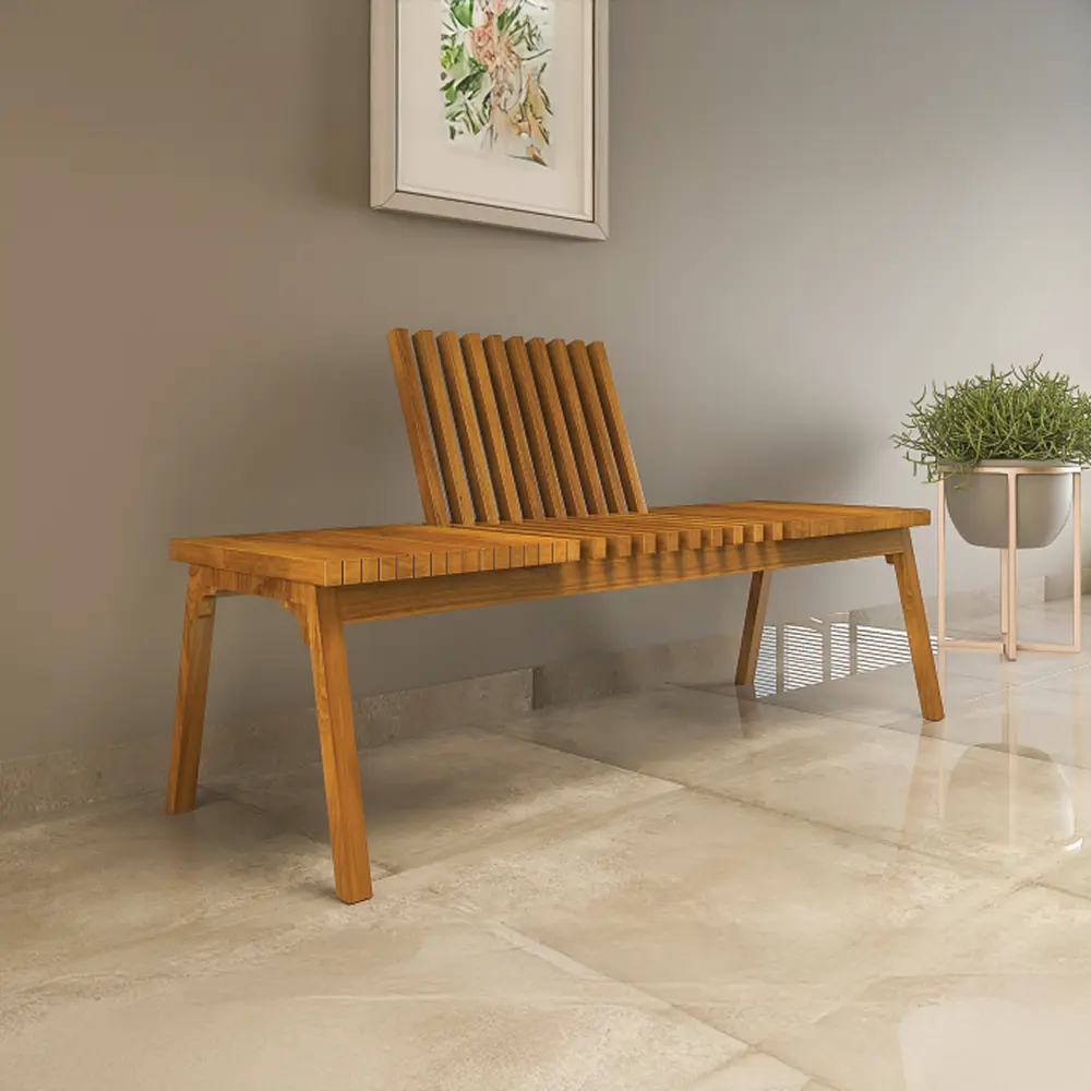 Wooden Slatted Bench with Backrest